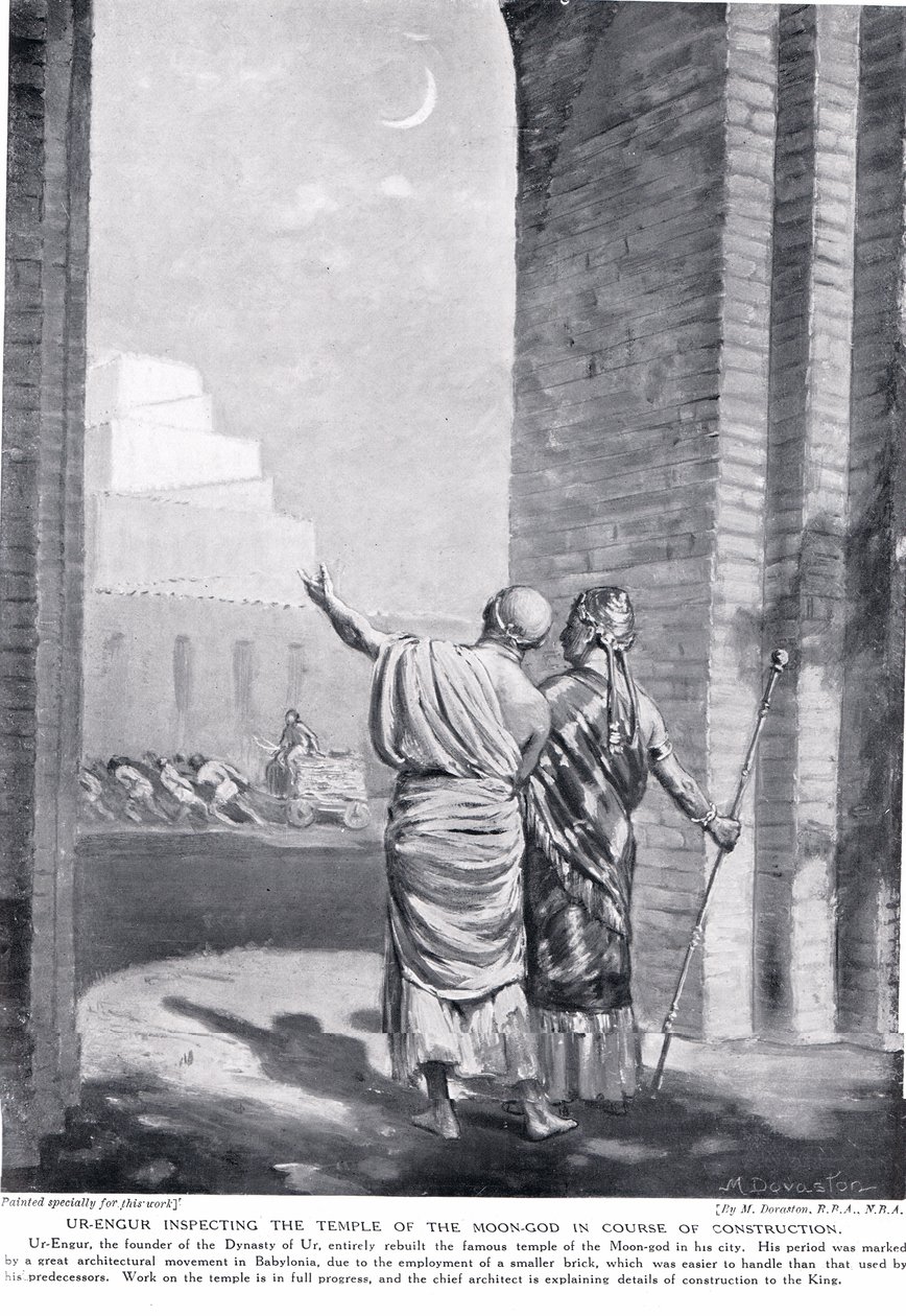 Ur-Engur inspecting the Temple of the Moon-God in the course of construction, illustration from 
