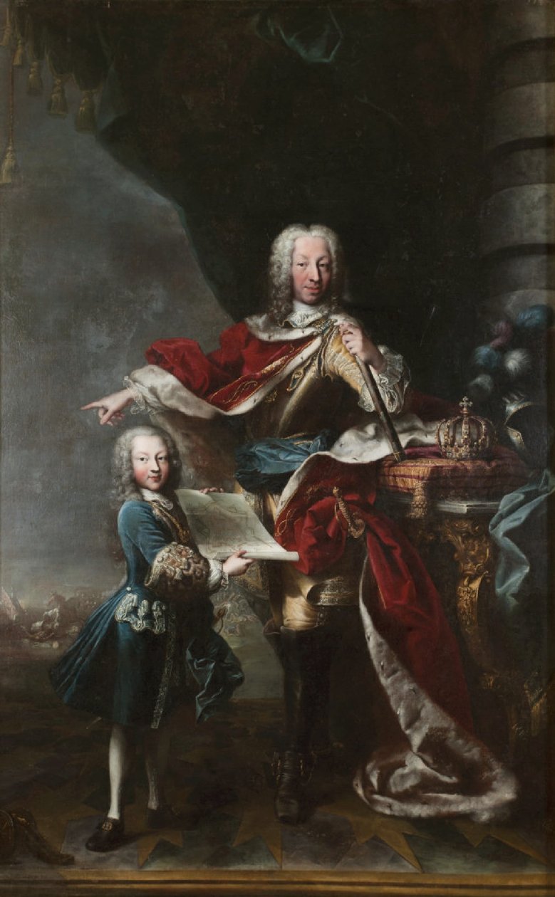 Vittorio Amedeo III as a child showing his father Carlo Emanuele III of Savoy the plan of the Castle of Milan. Portrait of Carlo Emanuele III and Vittorio Amedeo III of Savoy by Maria Giovanna Clementi