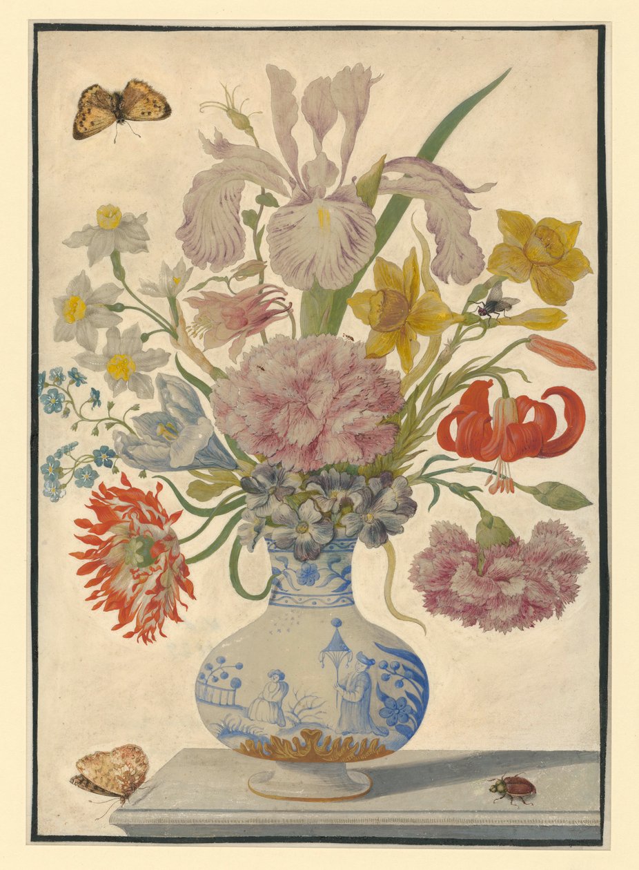 Chinese Vase with Irises, Lilies, and Carnations. On the Table, a Butterfly on the Left, a May Beetle on the Right by Maria Sibylla Merian