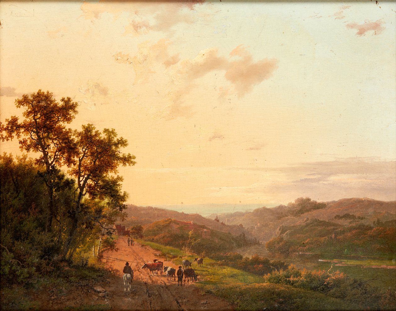 Shepherds and Their Cattle on a Country Lane, with Distant Landscape by Marinus Adrianus Koekkoek