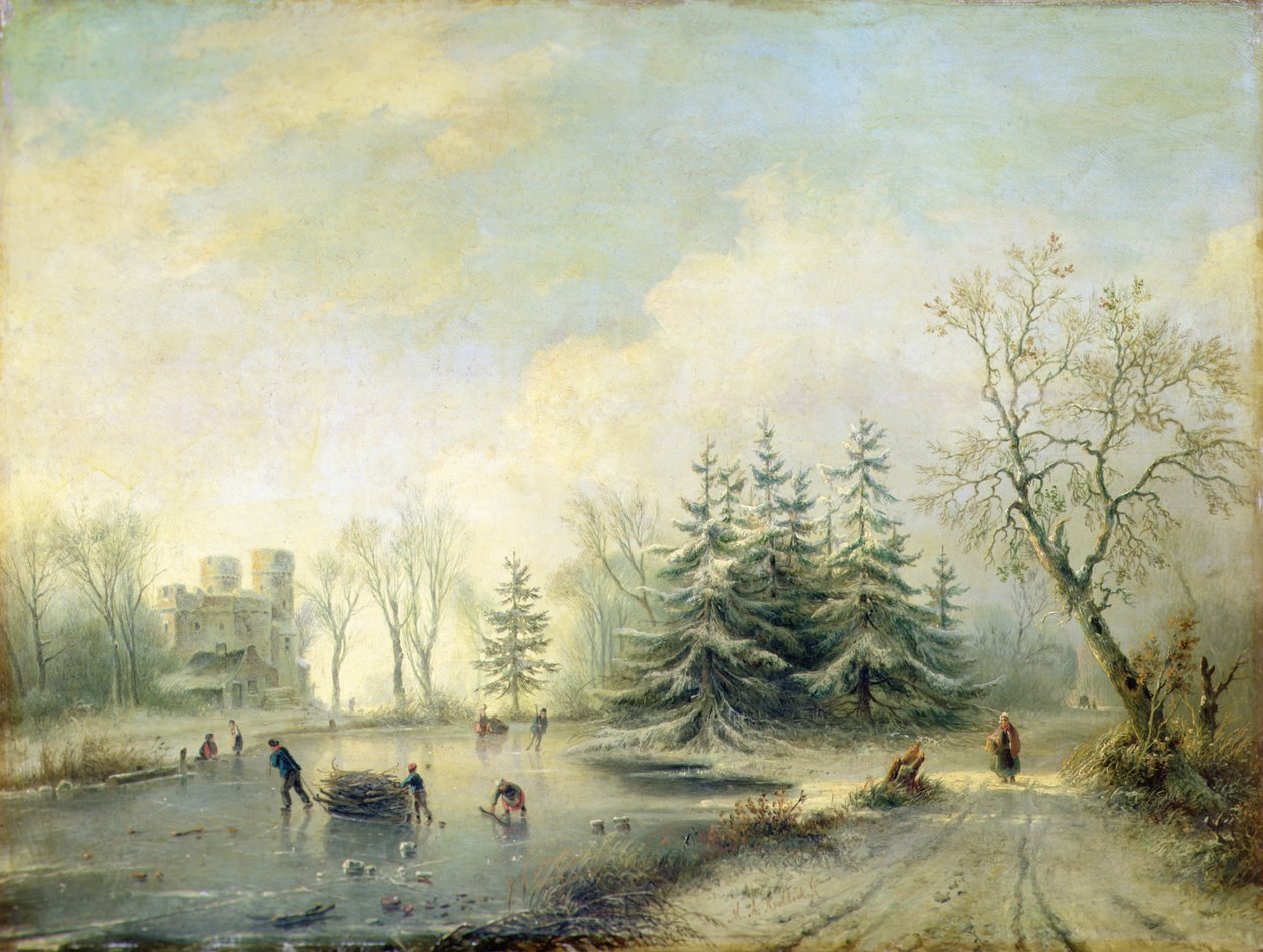 Trees, Castle and skating figures by Marinus Adrianus Koekkoek