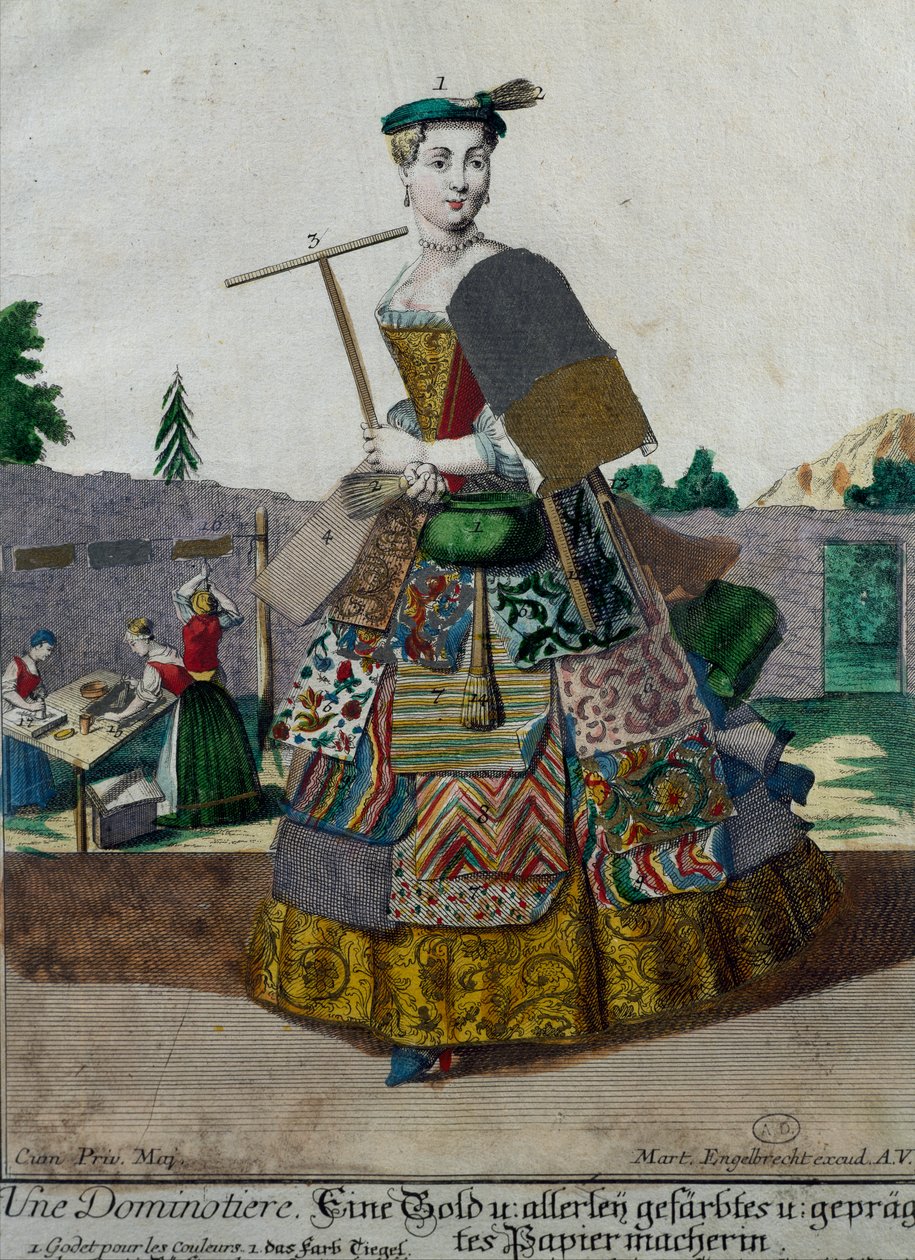 Manufacturer of colored papers, engraving from Assemblage des nouveau manouvries habilles by Martin Engelbrecht
