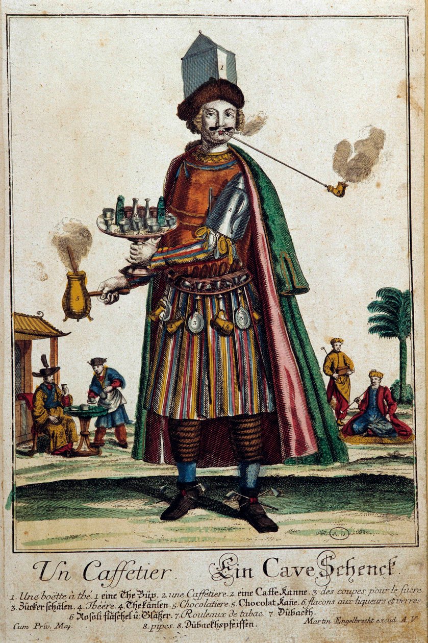 The coffee maker: a man wearing a coffee maker and a service. Engraving by Martin Engelbrecht by Martin Engelbrecht