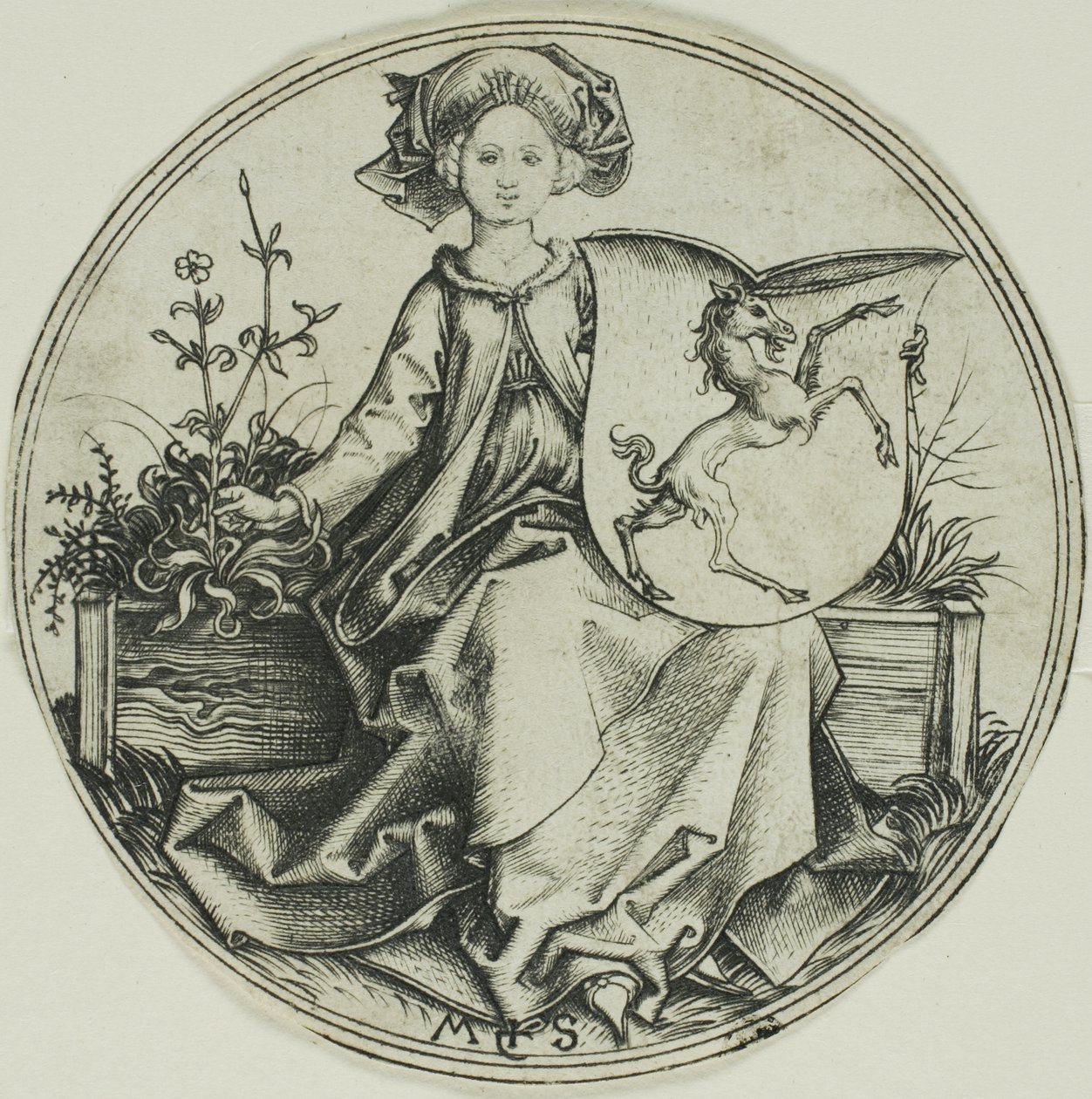 Shield with a Unicorn, Held by a Lady by Martin Schongauer