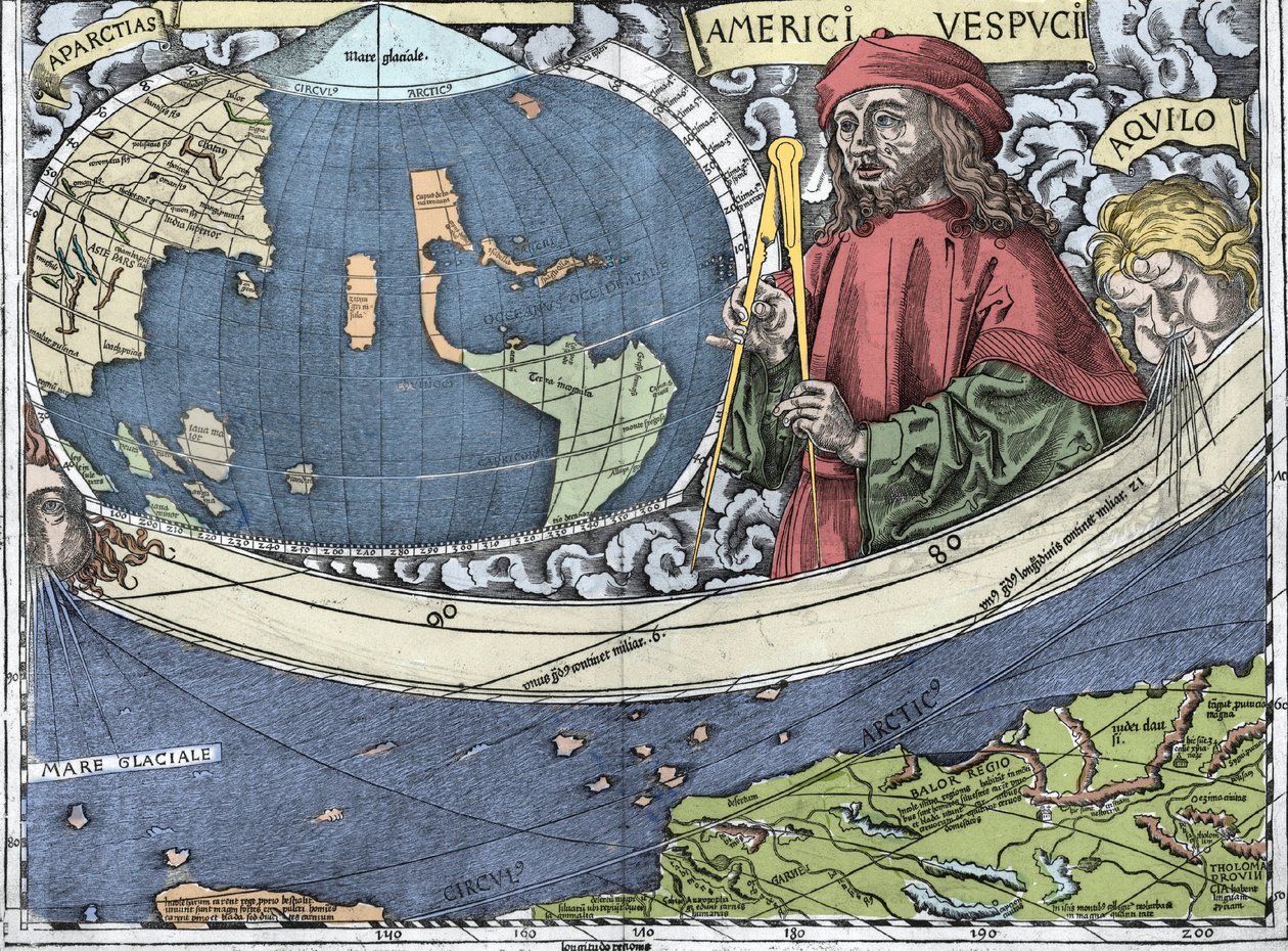Amerigo Vespucci, Italian explorer and cartographer in the Waldseemuller map or Universalis Cosmographia - Waldseemuller Planisphere - 1507 by Martin Waldseemuller