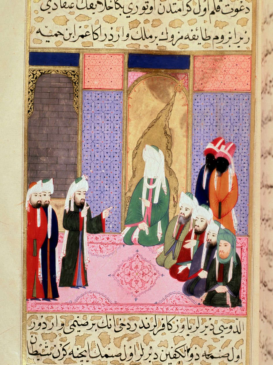 The prophet Muhammad, with his face covered, probably in conversation with his companion Omar by Martino Bassi