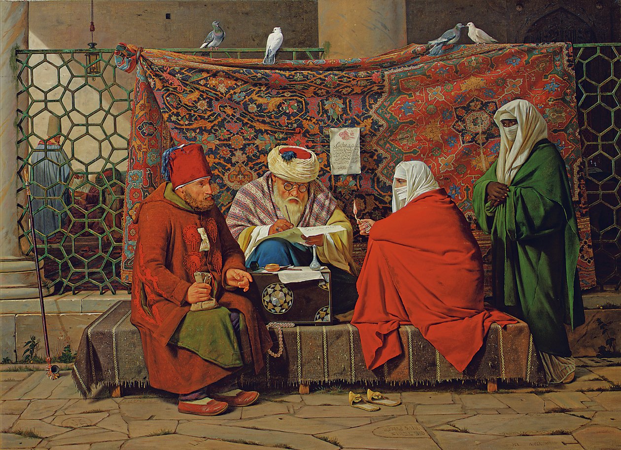 A Turkish Notary Drawing up a Marriage Contract in Front of the Kilic Ali Pasha Mosque, Tophane, Constantinople by Martinus Rorbye