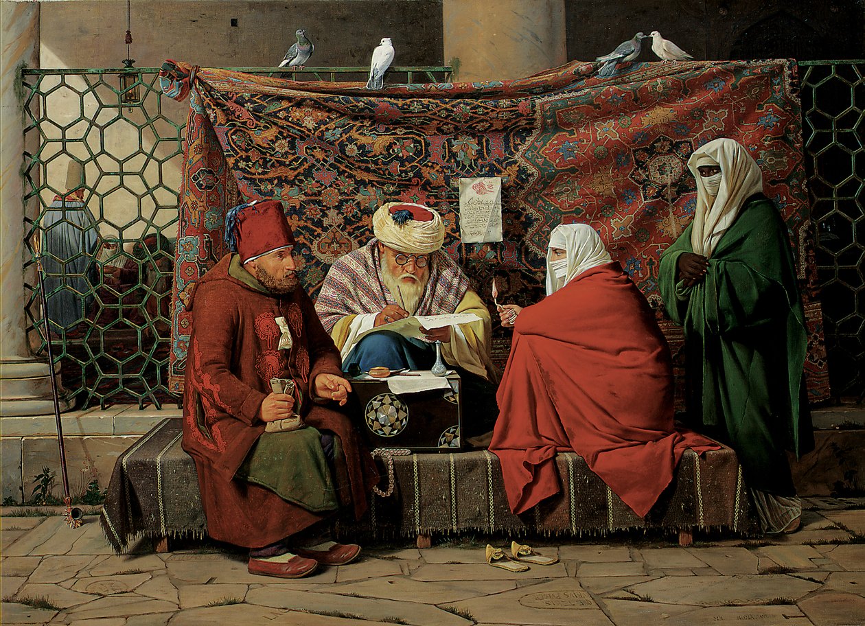 A Turkish Notary Drawing up a Marriage Contract in Front of the Kilic Ali Pasha Mosque, Tophane, Constantinople by Martinus Rorbye