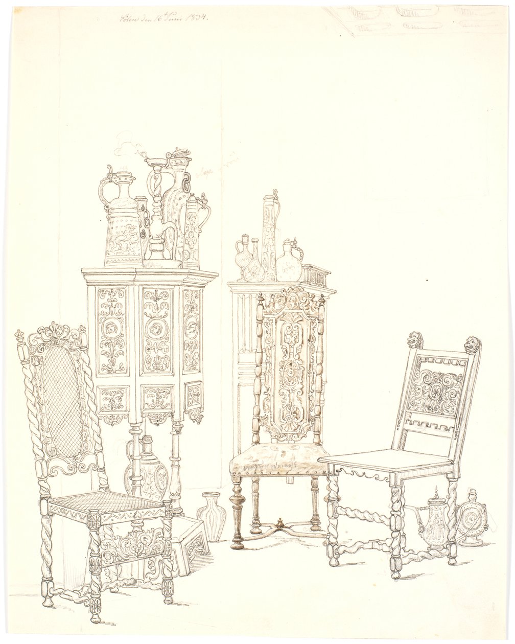 Old Chairs and Cabinets with Stoneware by Martinus Rørbye