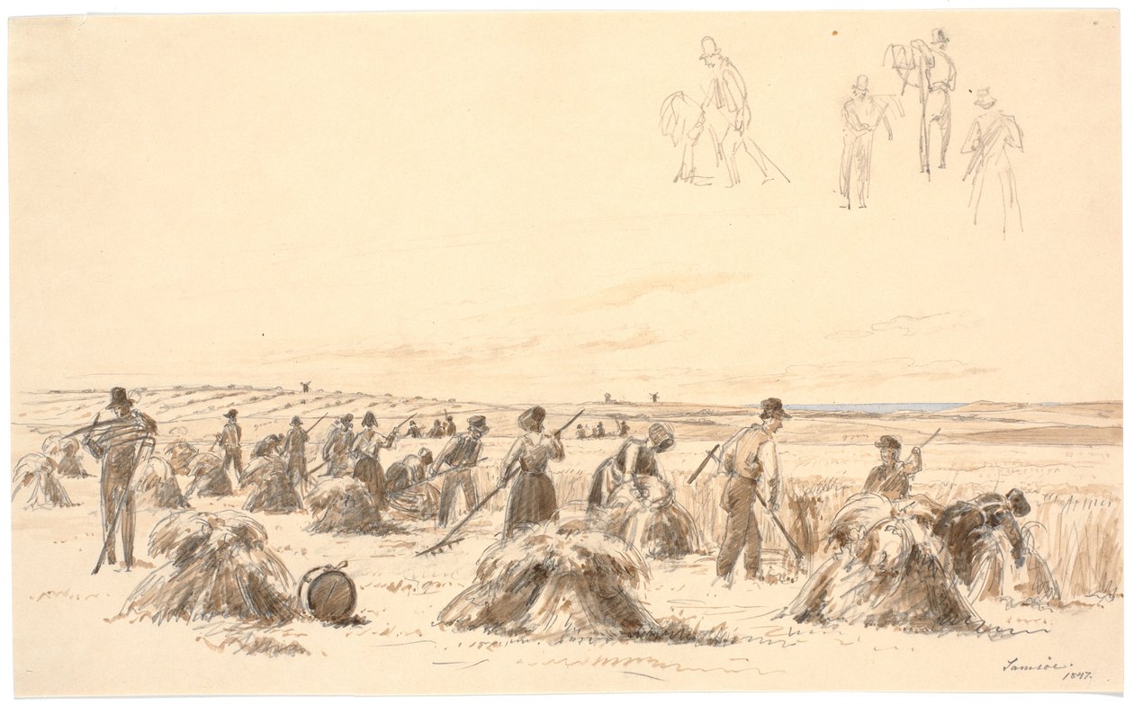 Harvest Workers in the Field. In the Background, Mills and the Sea by Martinus Rørbye