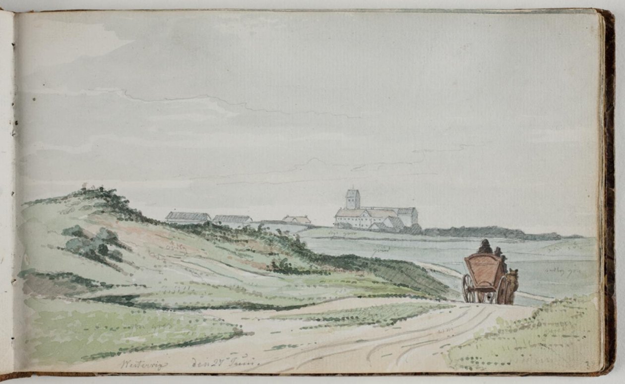 View towards a Landscape. In the Foreground a Country Road with a Horse Carriage; in the Background Houses and a Church by Martinus Rørbye