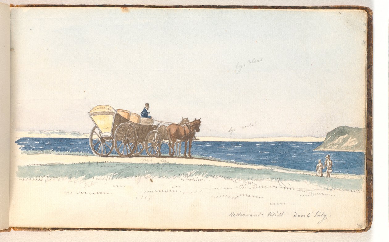 A Horse Carriage Standing on a Dune Near the Water; Two People Walking Towards the Carriage by Martinus Rørbye