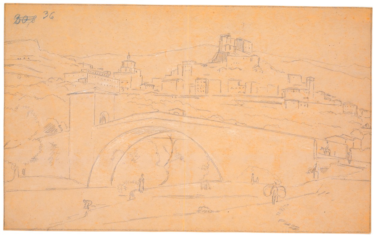 Italian landscape with a bridge over a river and the town of Subiaco in the background by Martinus Rørbye