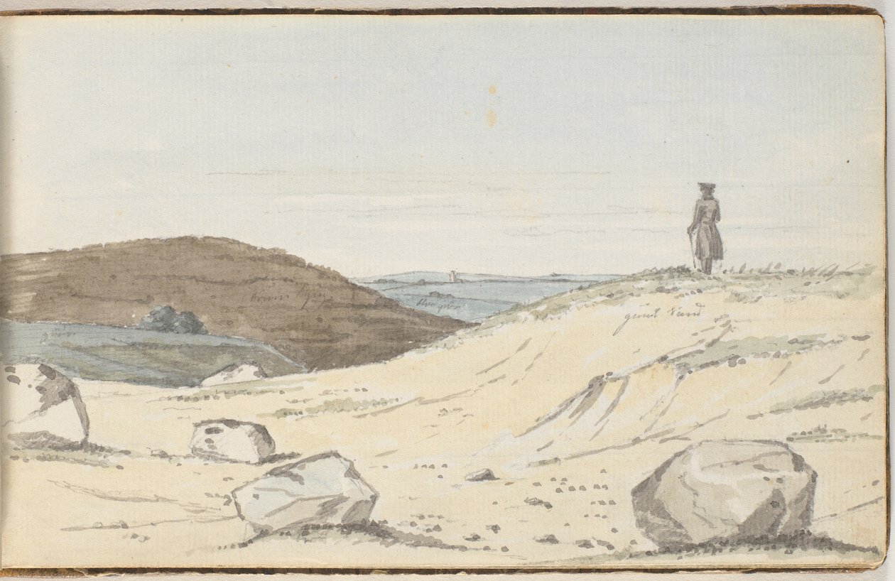 View Over a Heath or Dune Landscape. In the Foreground Some Large Hills; On One of Them Stands a Man Looking Over the Plain by Martinus Rørbye