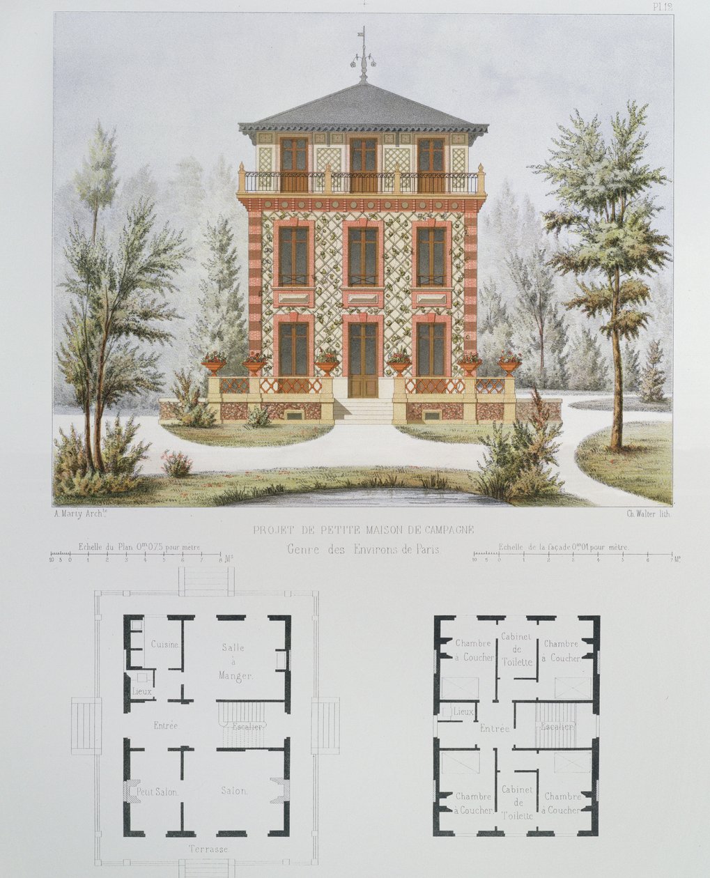 Project for a small country house near Paris, engraved by Walter, plate 18 from Architecture Pittoresque et Moderne by Marty