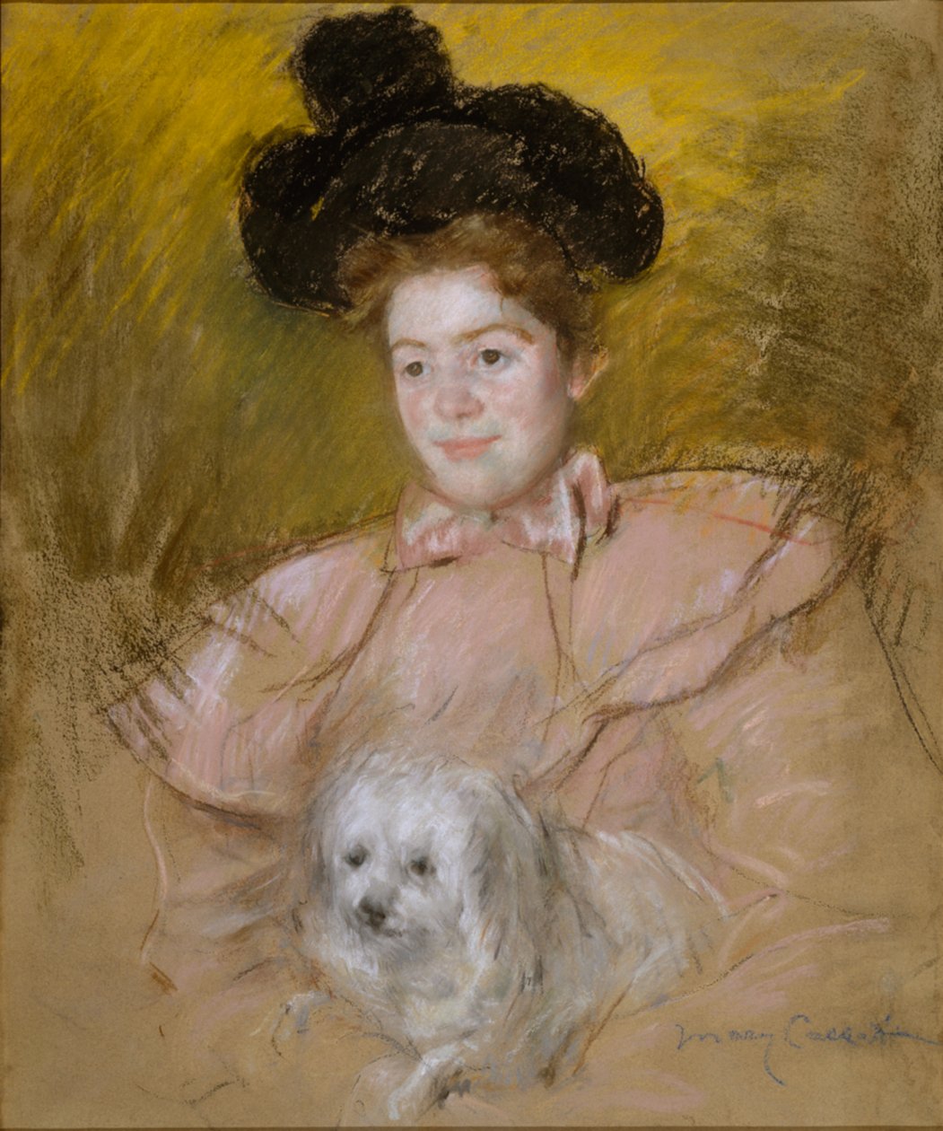 Woman in Raspberry Costume Holding a Dog by Mary Cassatt