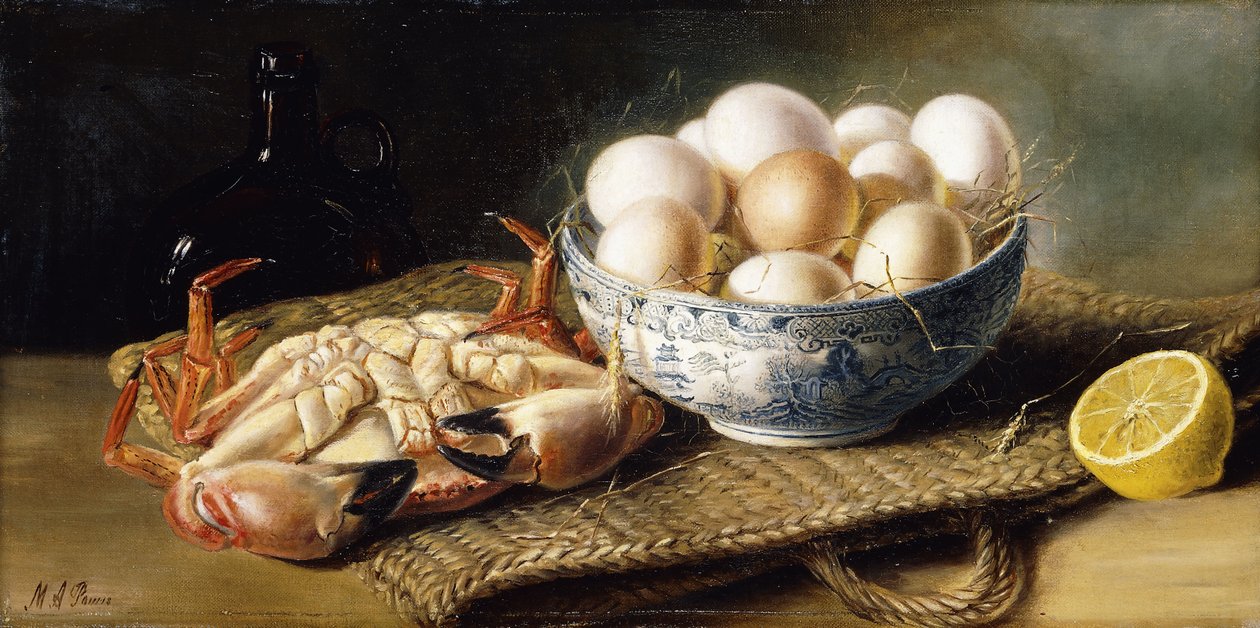 A Crab and a Bowl of Eggs on a Basket, with a Bottle and Half a Lemon by Mary E. Powis