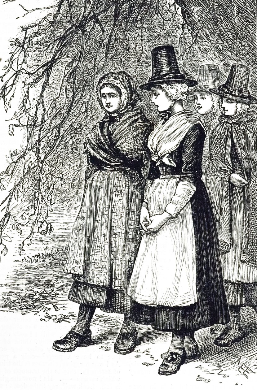 An engraving depicting Welsh girls at a Hollantide Fair, a hiring fair, waiting to be engaged as domestic servants. Illustrated by Mary Ellen Edwards by Mary Ellen Edwards