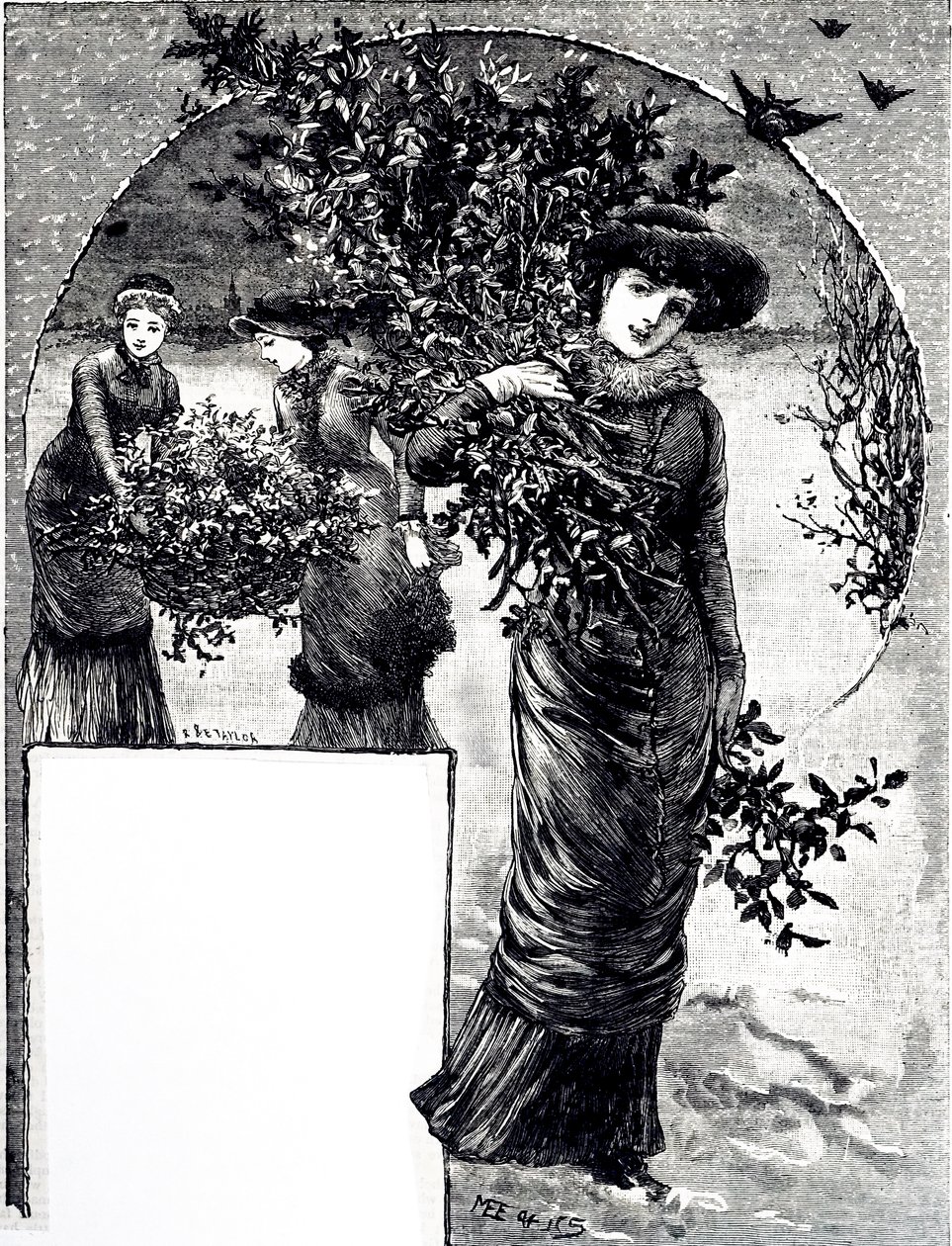 An engraving depicting the collection of holly and evergreen for Christmas decoration by Mary Ellen Edwards