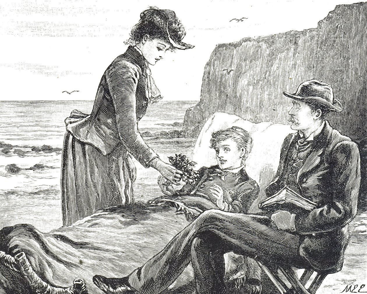 Engraving depicting a cripple boy at the seaside by Mary Ellen Edwards