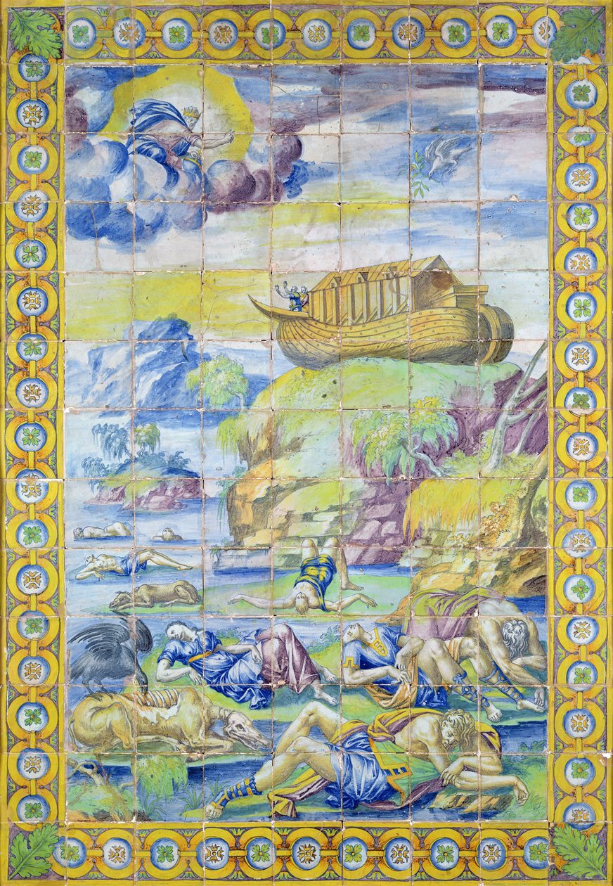 Tile depicting the Story of Noah: The Ark on Mount Ararat after the Flood by Masseot Abaquesne