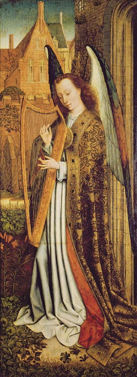 The Virgin and Child with Angels, right hand panel depicting an angel ...