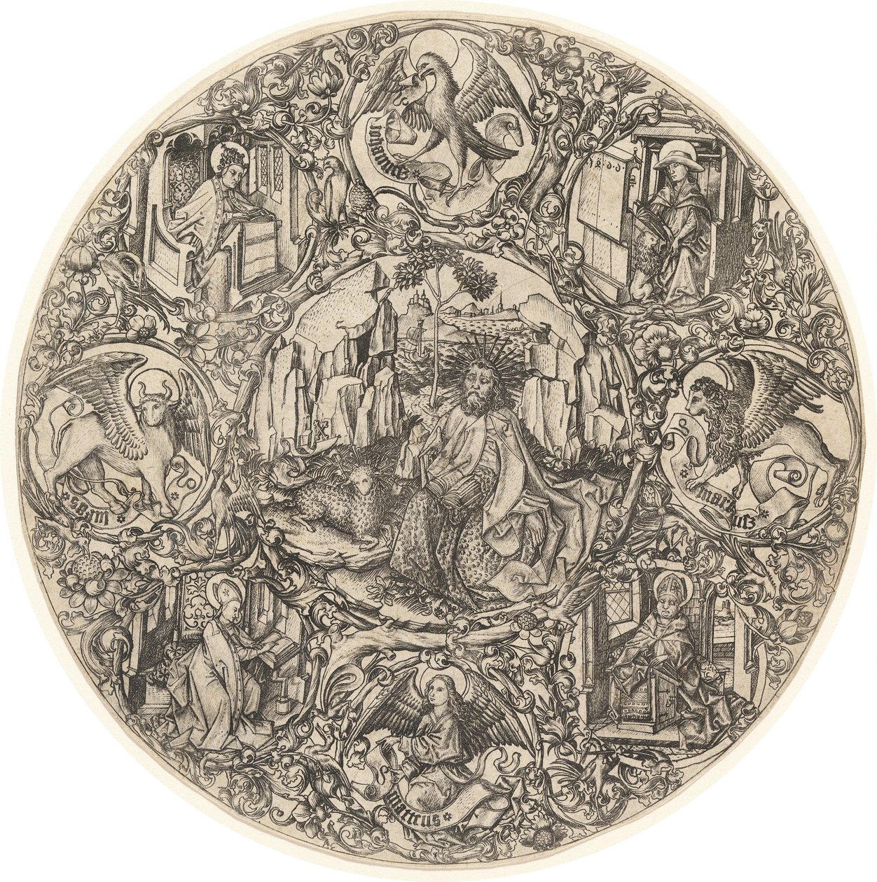 Saint John the Baptist in the Wilderness with the Lamb of God, Surrounded by the Symbols of the Evangelists and the Four Fathers of the Church by Master E.S.