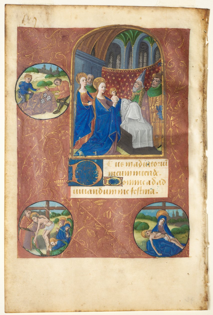 Leaf from a Book of Hours: Presentation in the Temple with Roundels of the Casting of Lots by Master of Adélaïde de Savoie