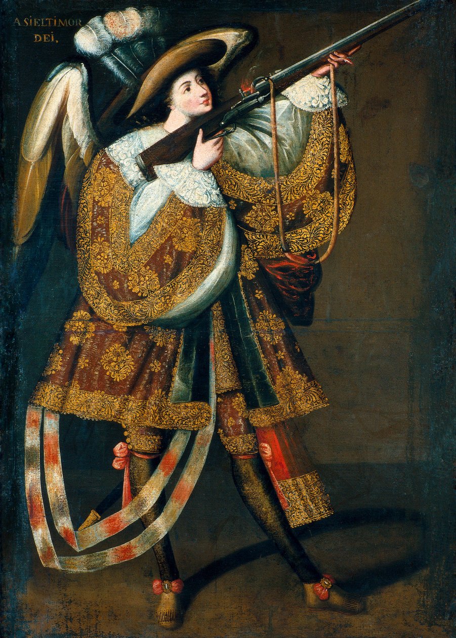 The Arquebusier Angel, part of a series of paintings by the Master of Calamarca by Master of Calamarca
