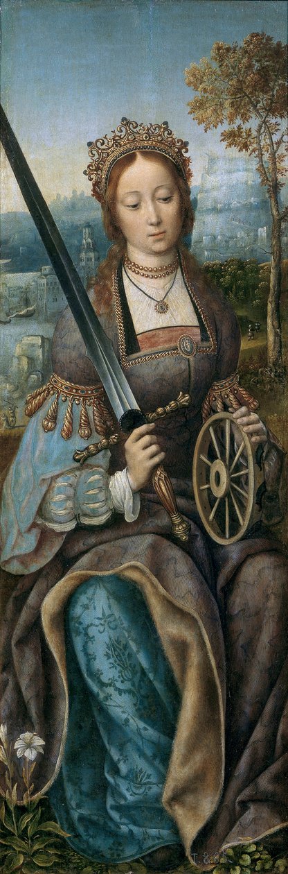 Triptych of the Holy Family with Music Making Angels (Left panel: Saint Catherine) by Master of Frankfurt