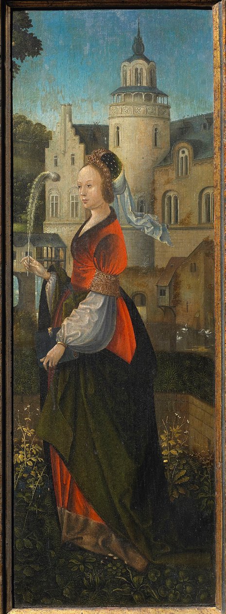 Saint Barbara. Holy Family with Angels and Saints Catherine and Barbara Triptych, 16th century by Master of Hoogstraeten