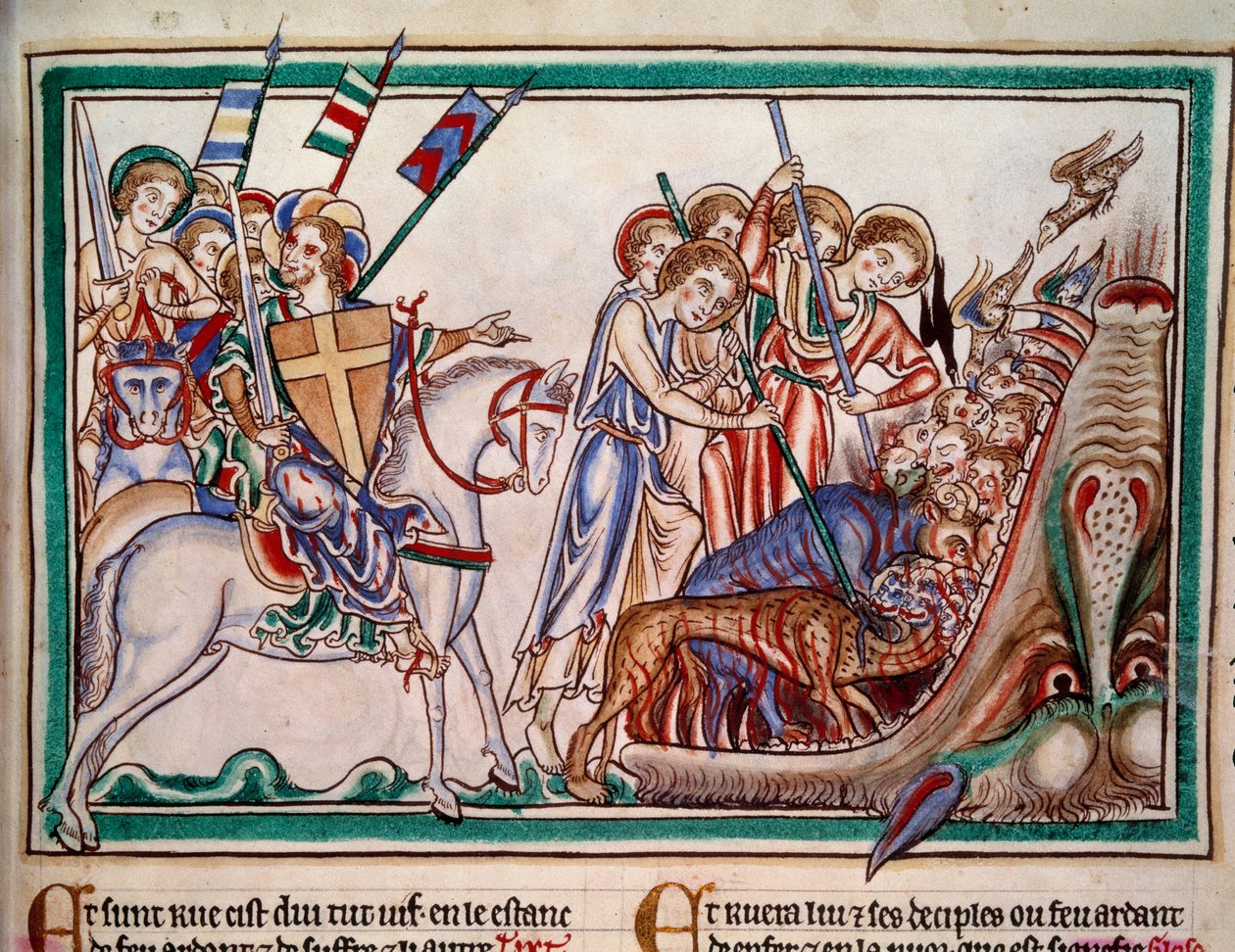 The Lord and His Army Precipitating the Beast and His Worshippers in Hell. Miniature from Manuscript 
