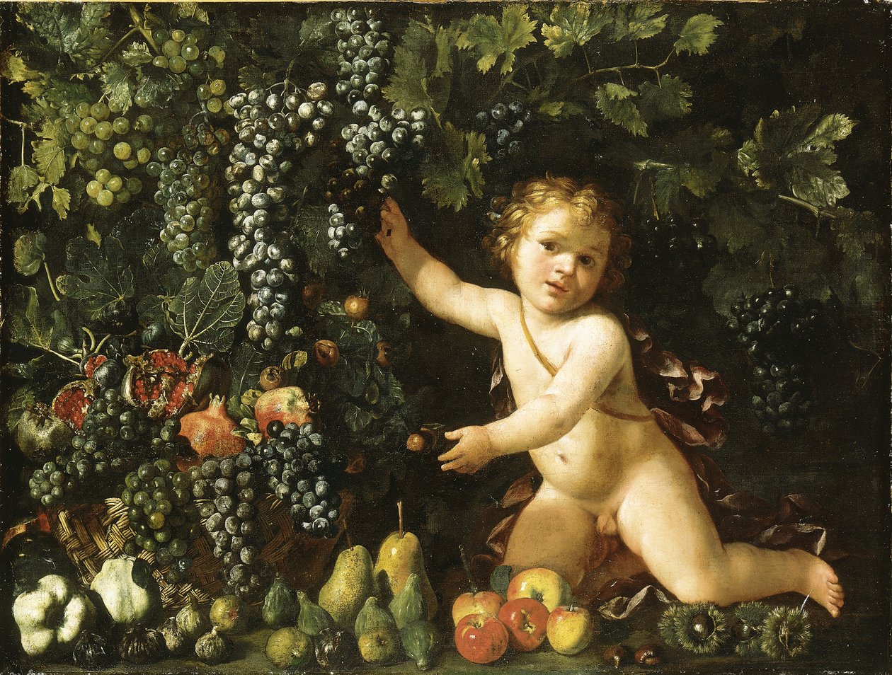 Grapes on the vine, pomegranates, grapes, and rosehips in a basket, with figs, apples, pears and chestnuts by a putto by Master of the Acquavella Still Life