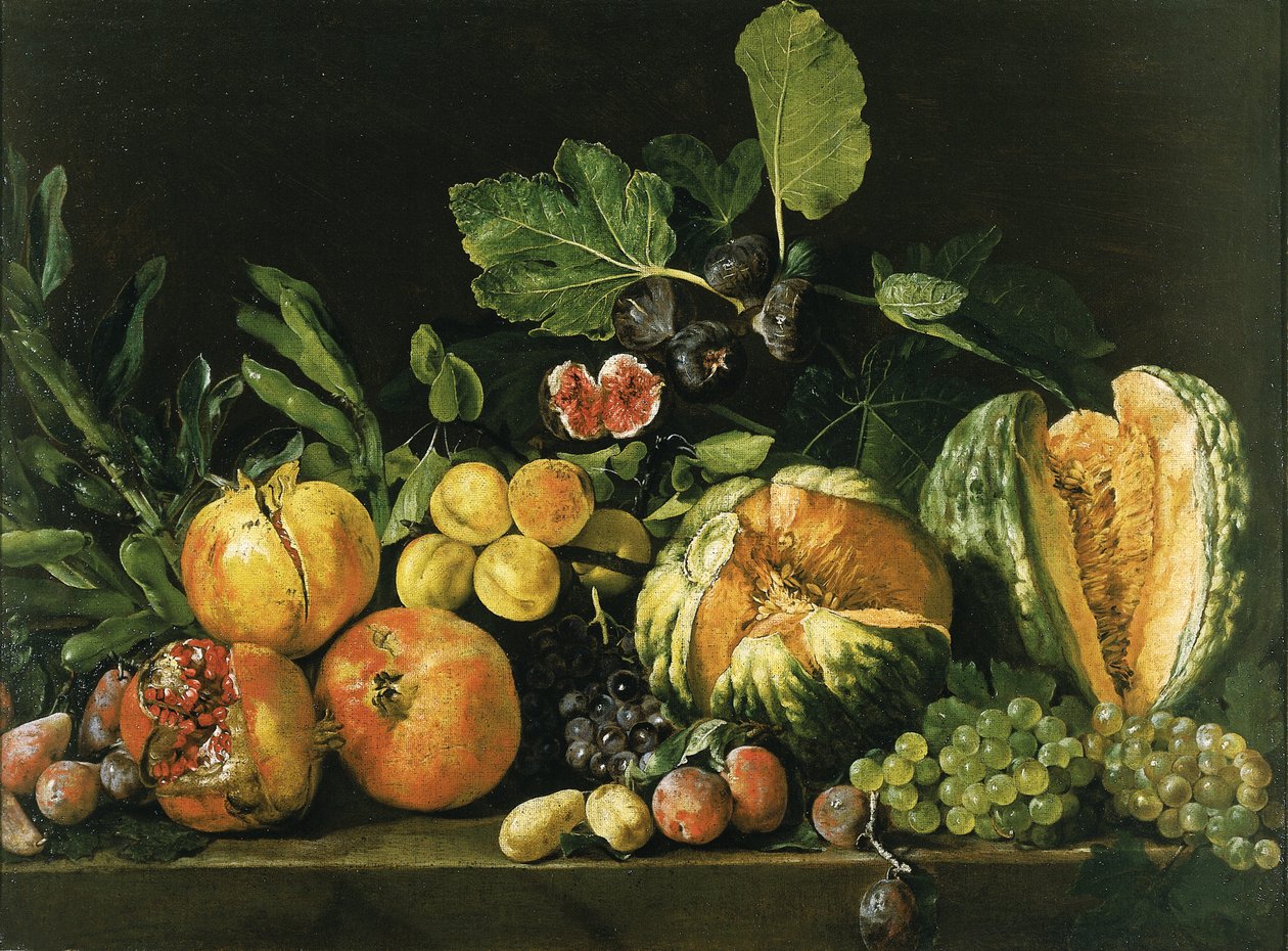 Pomegranates, Melons, Grapes, Peaches, Figs and Other Fruits on a Stone Ledge by Master of the Acquavella Still Life