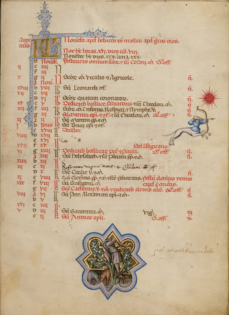 A Man Knocking Acorns from a Tree; Zodiacal Sign of Sagittarius by Master of the Brussels Initials