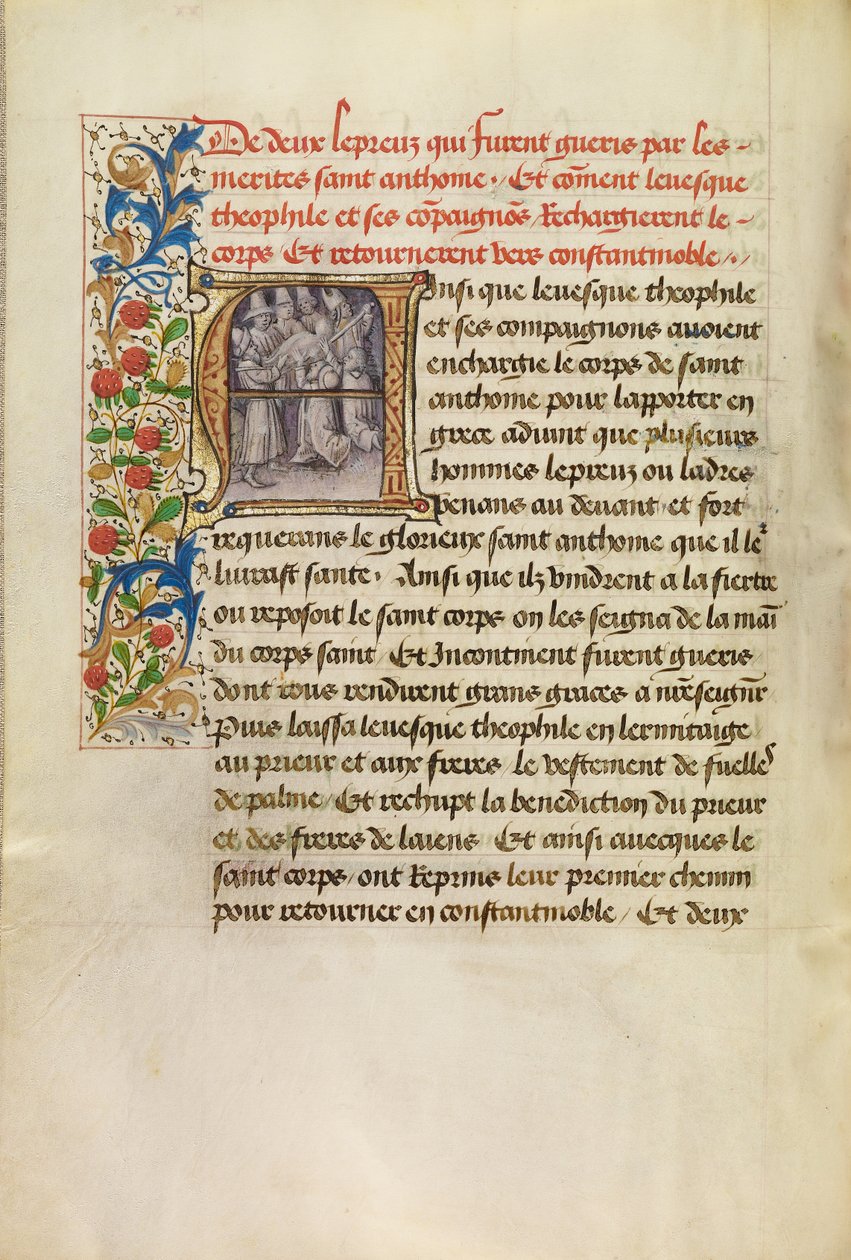 Initial A: The Body of Saint Anthony Transported to Constantinople and the Healing of Two Lepers after Touching the Saint
