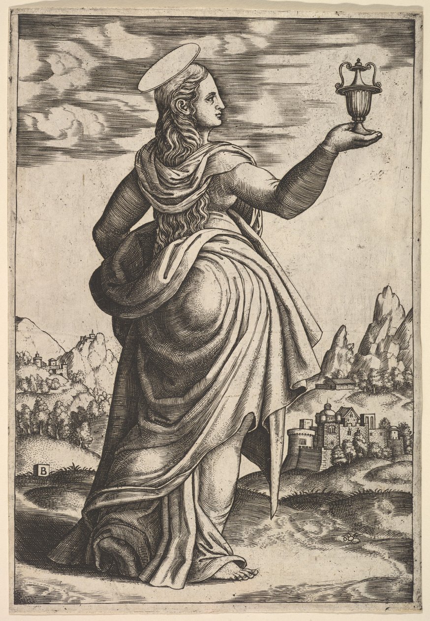 The Magdalene standing facing right, jar held in her raised right hand, 1530-60 by Master of the Die