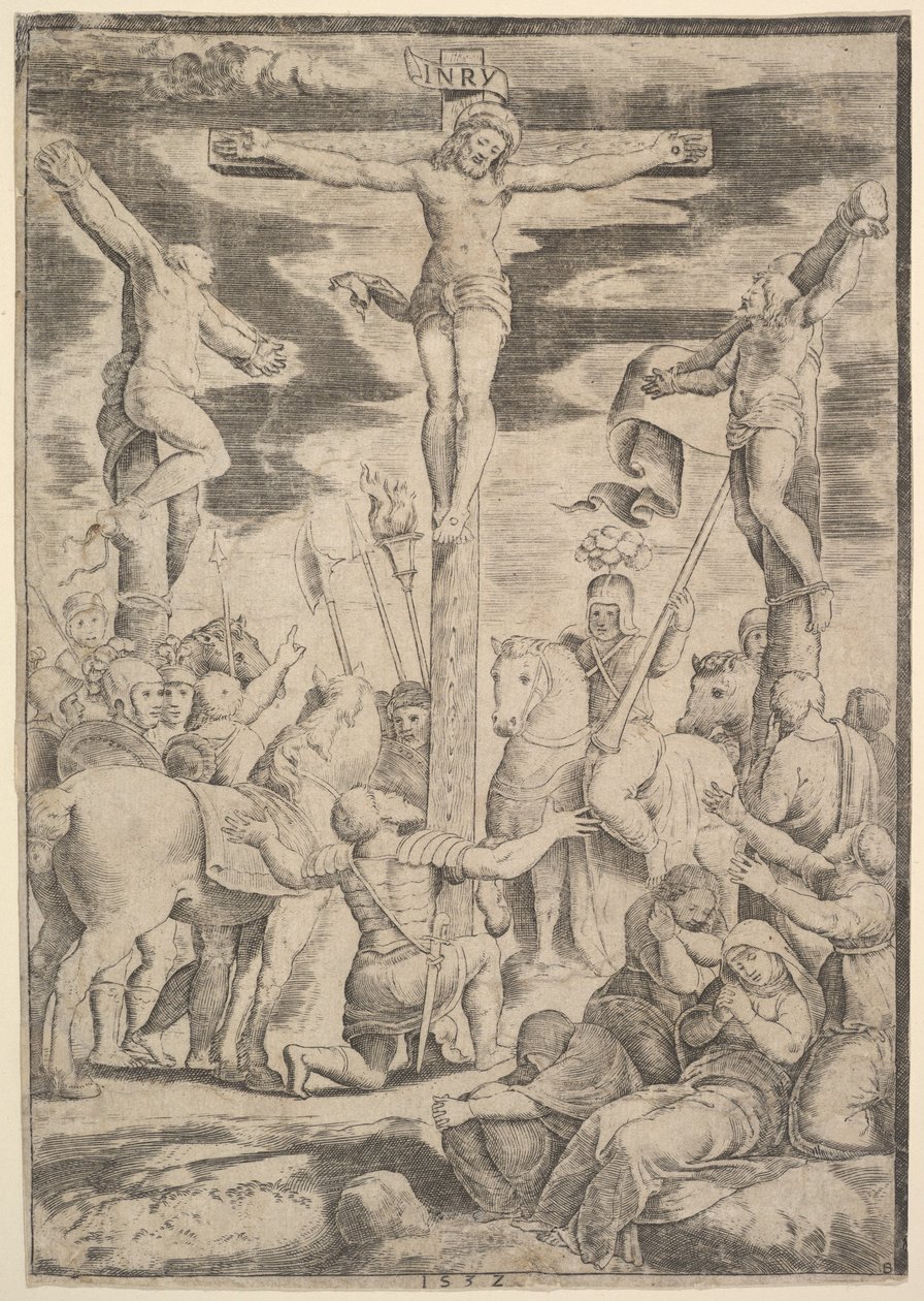 The conversion of the Centurion who flings his arms open before Christ on the cross by Master of the Die