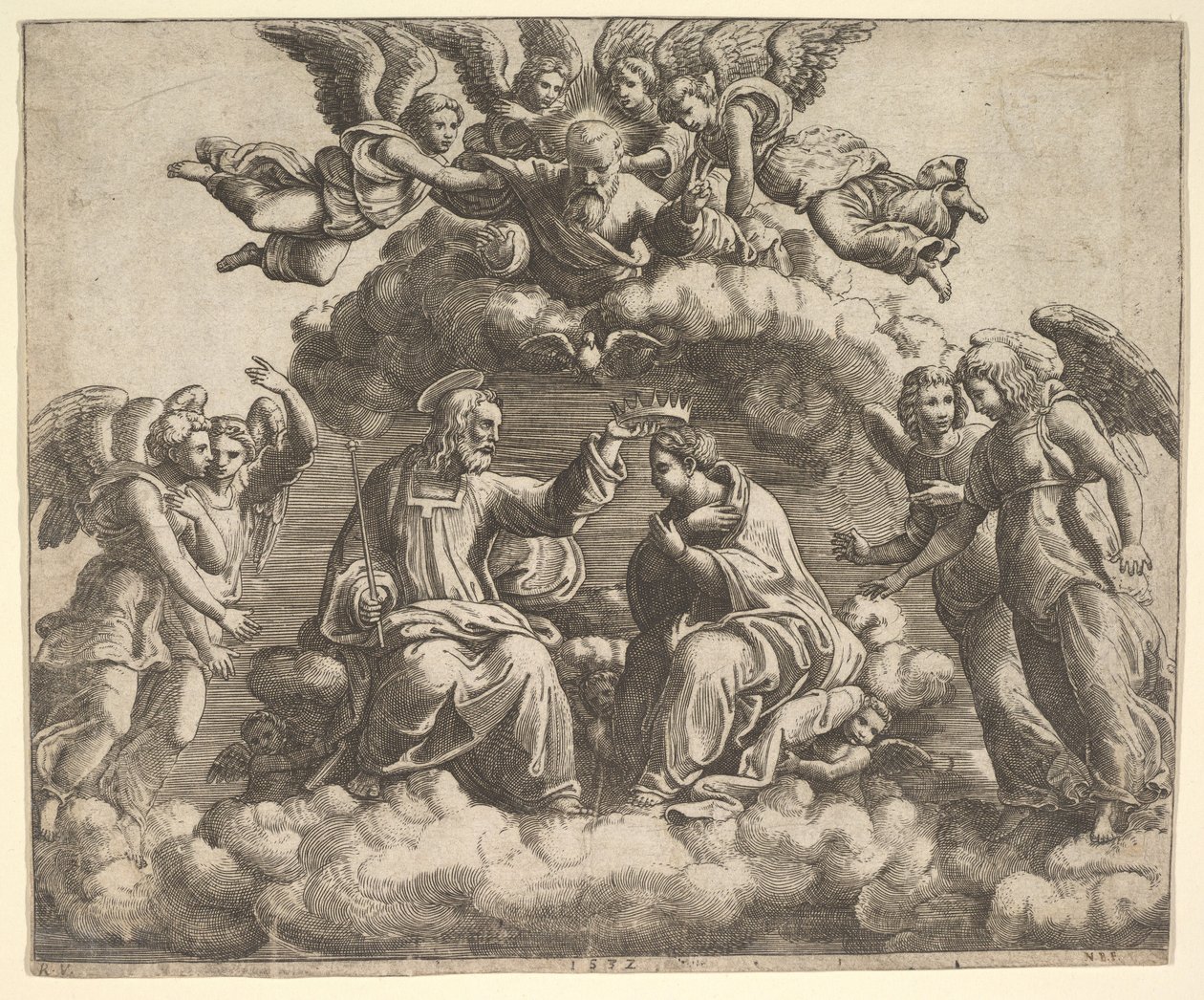 The Coronation of the Virgin, Christ Holding the Crown Over Her Head, God the Father Blessing by Master of the Die