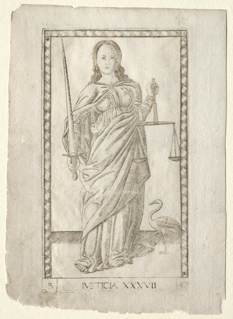Justice from the Tarocchi, series B: Cosmic Principles & Virtues, #37, before 1467 by Master of the E Series Tarocchi