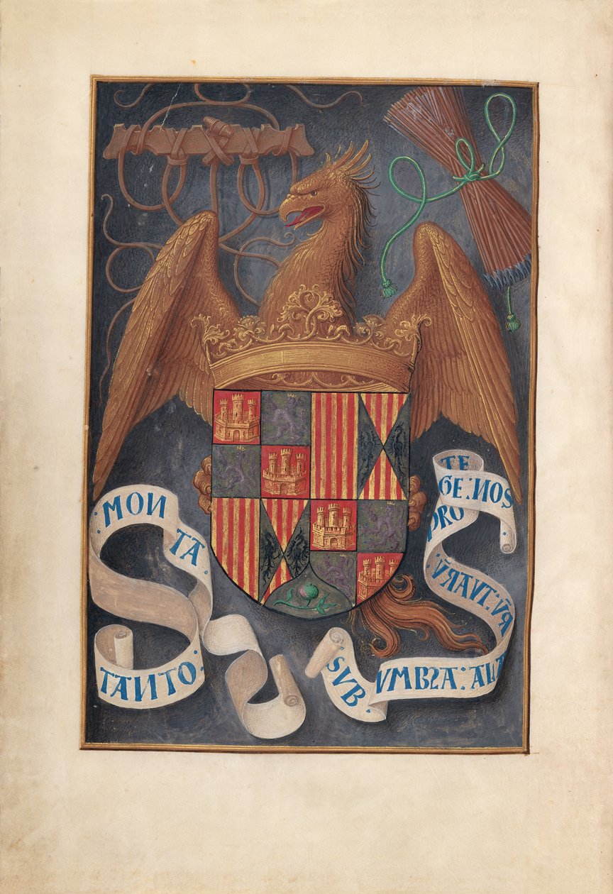 Hours of Queen Isabella the Catholic, Queen of Spain: Fol. 1v, Arms and Mottoes of Isabel la Católica by Master of the First Prayerbook of Maximillian