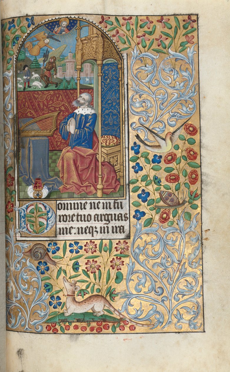 Book of Hours Use of Rouen: fol. 80r, David Penitent, in the Distance David Slaying Goliath, c1470 by Master of the Geneva Latini