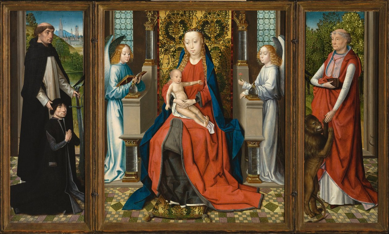 Triptych of Madonna and Child with Angels; Donor and His Patron Saint Peter Martyr; and Saint Jerome by Master of the Legend of Saint Lucy