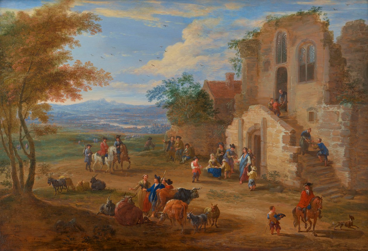 A Landscape with Alms being distributed before a Ruined Abbey by Mathys Schoevaerdts