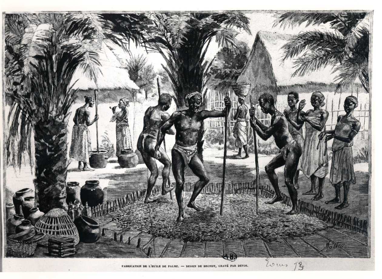 Ewe Men making palm oil, late 19th century by Matteo Brondy
