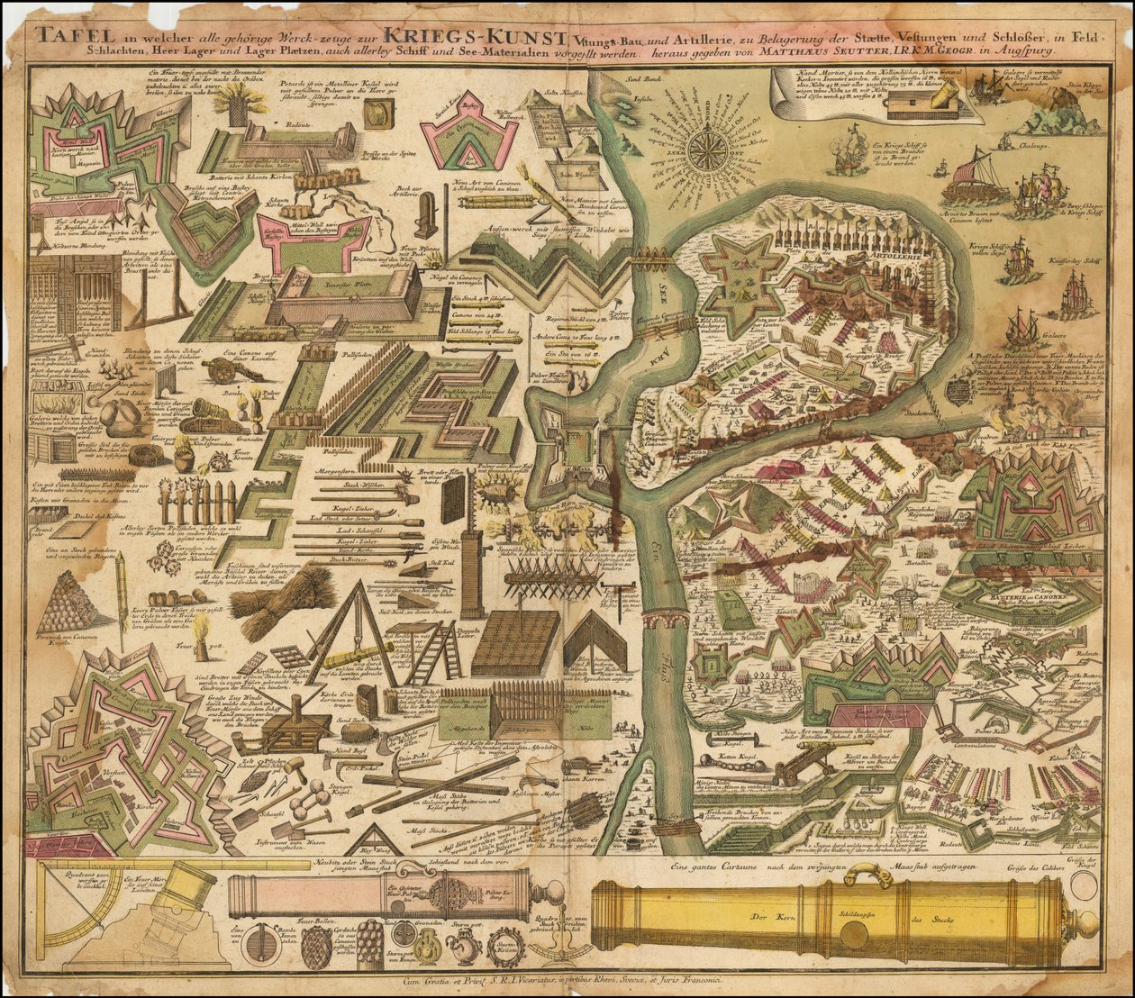 1720 Allegorical Map by Seutter Showing the Art of War, by Land and by Sea