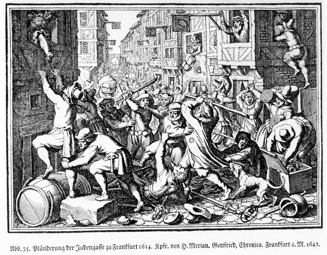 Plundering the Jewish Alley during the Fettmilch riots in Frankfurt on 22 August by Matthaus the Elder (after) Merian
