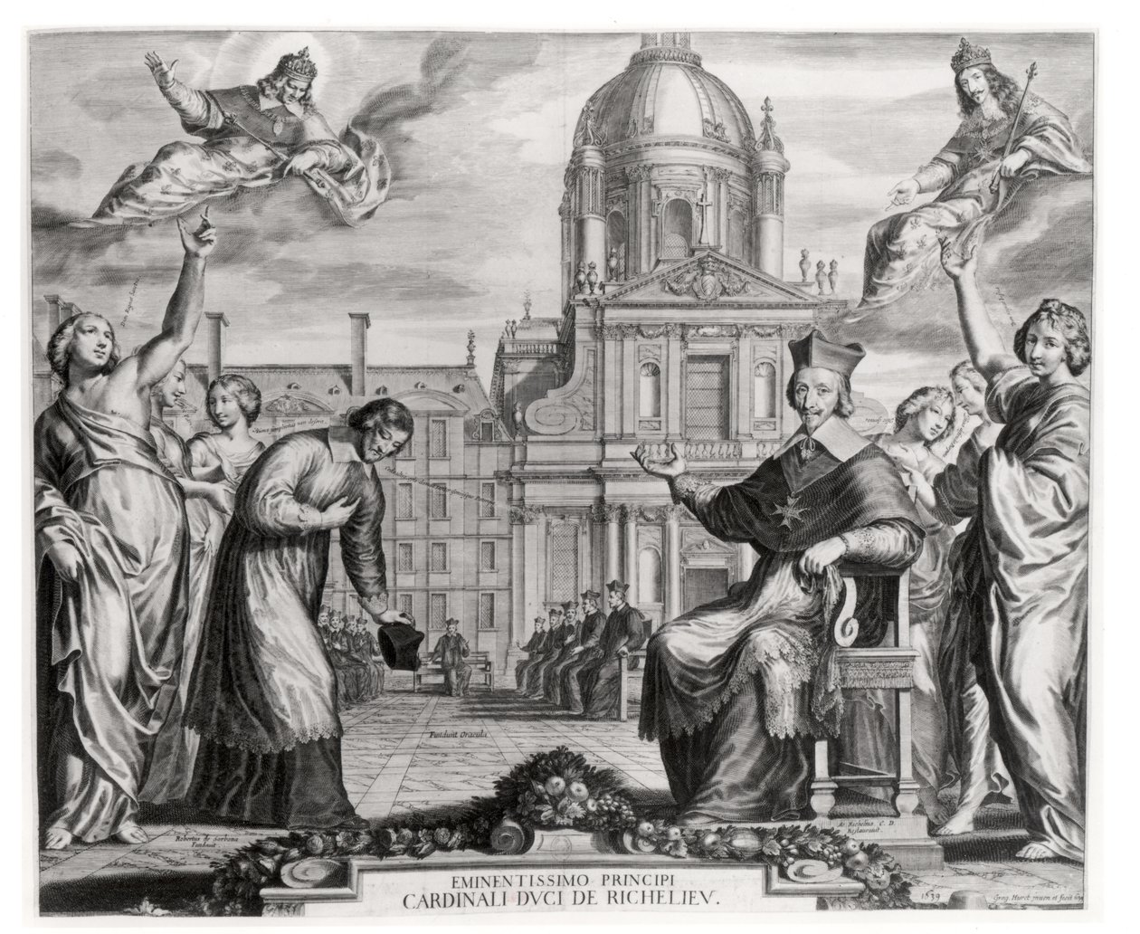 Robert de Sorbon and Cardinal Richelieu in Front of the Sorbonne, Engraved by Gregoire Huret by Matthaus the Elder Merian