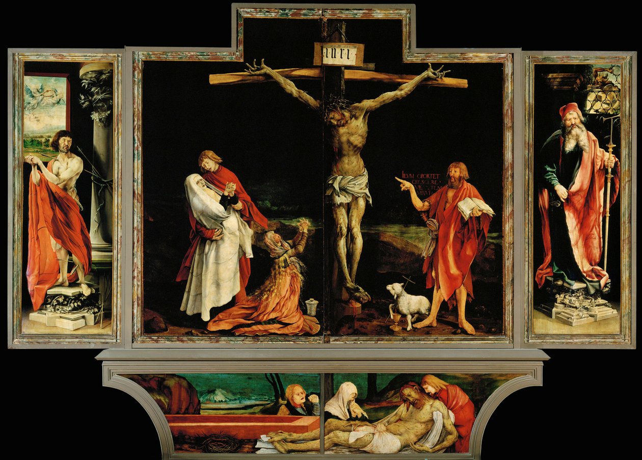 Crucifixion, Saints and Entombment by Matthias Gruenewald