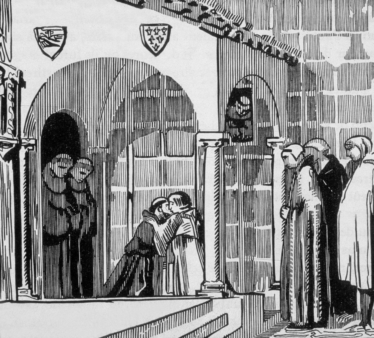 French King Saint Louis (Louis IX 1214-1270) as pilgrim visiting Saint Frere Gilles in Perugia, engraved by Jacques Beltrand after drawing by Maurice Denis by Maurice (after) Denis